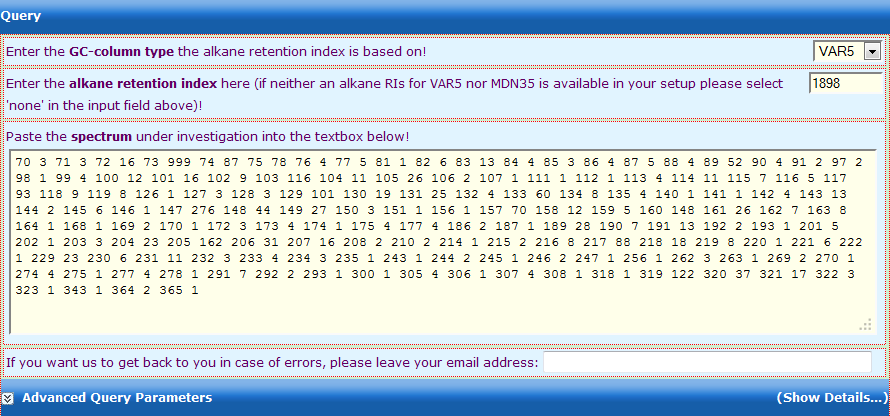 Input form for querying the GMD with a mass spectrum