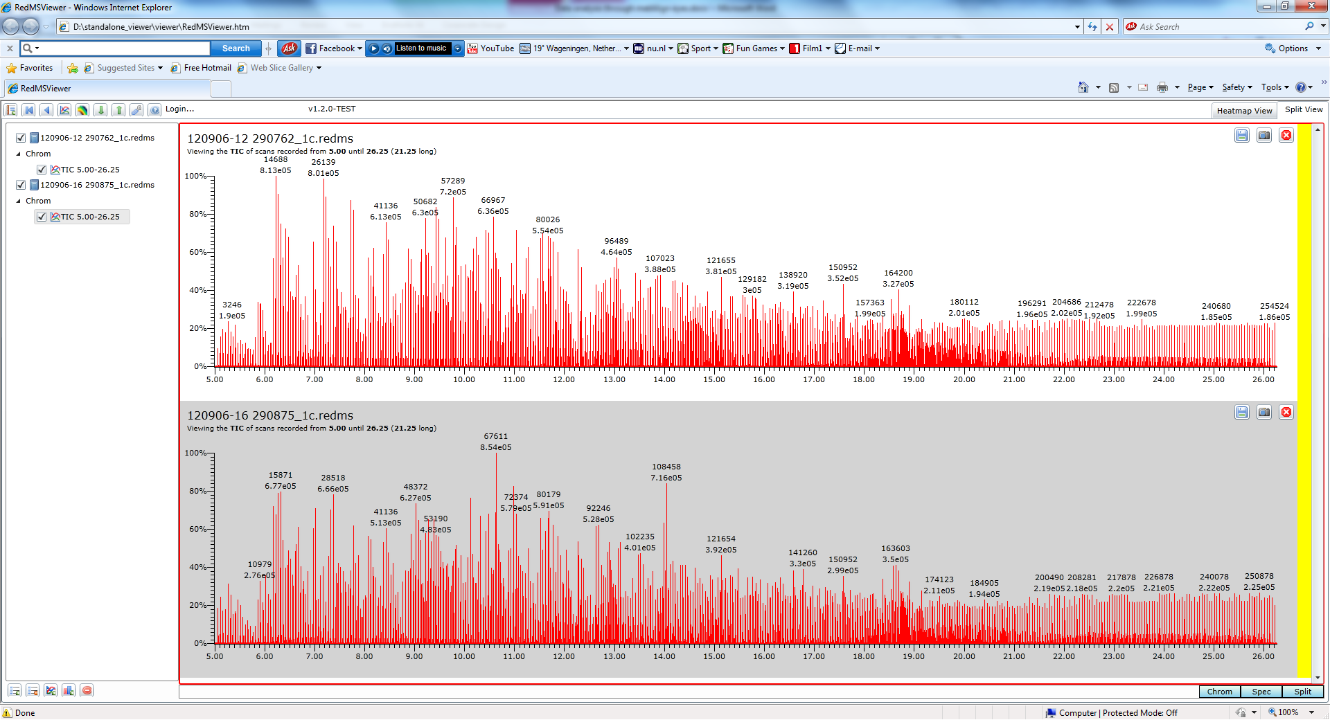 redms viewer interface with two GCxGC-TOF-MS files
        loaded