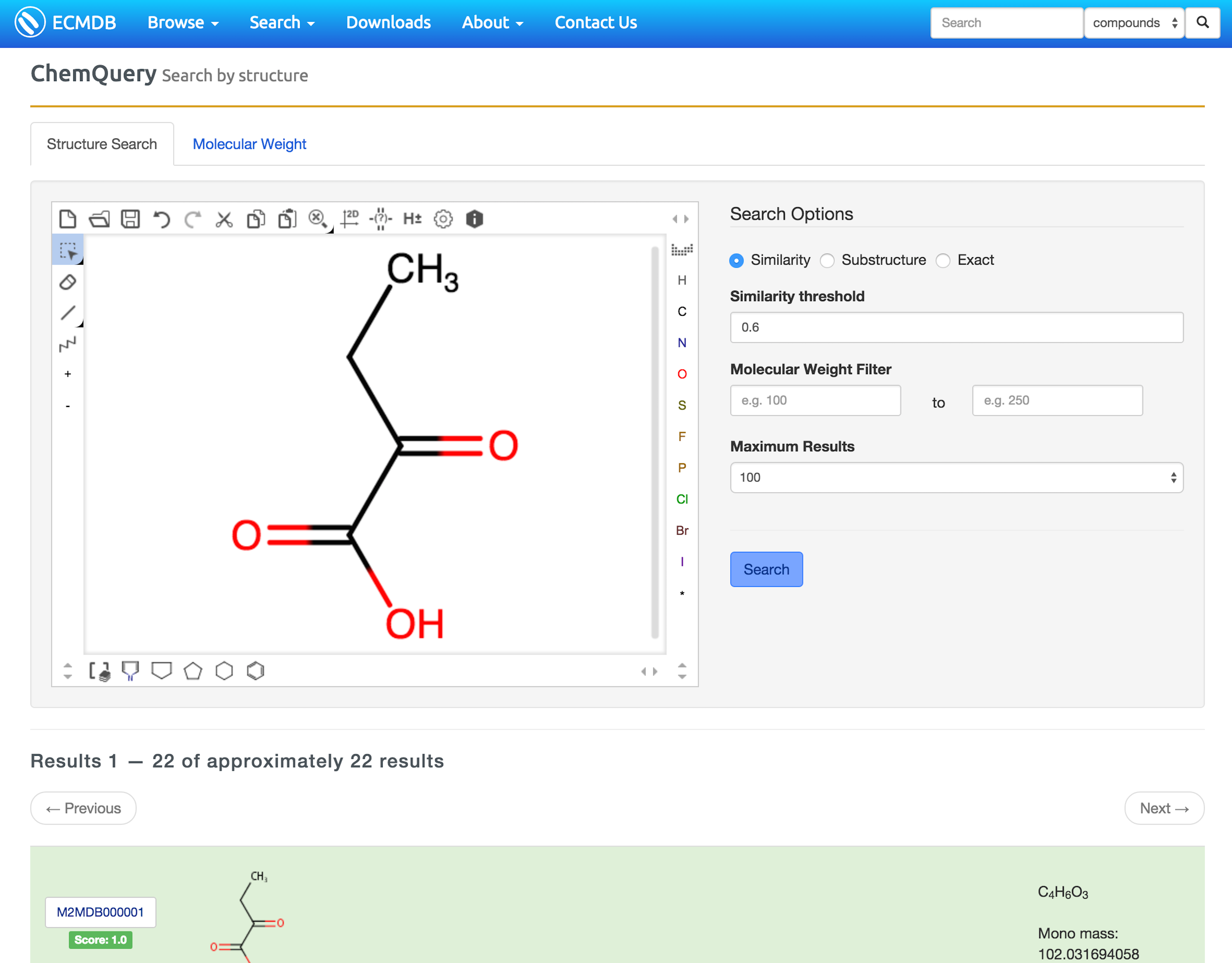 Snapshot shows a
          chemical structure search with the structure of 2-Ketobutyric
          acid