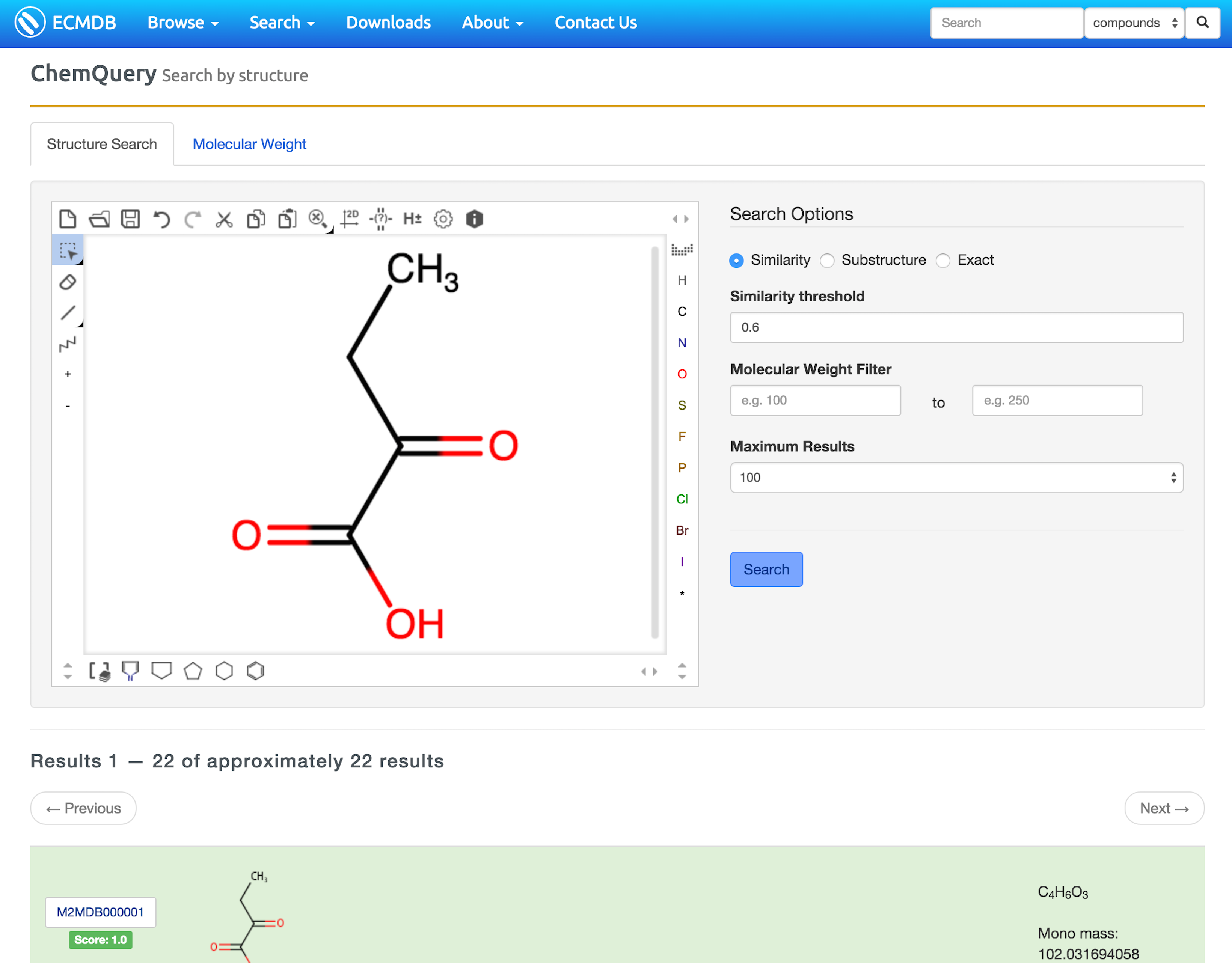 Snapshot shows a

          chemical structure search with the structure of 2-Ketobutyric

          acid